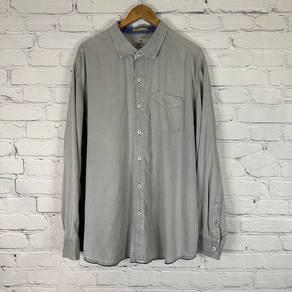 Tommy Bahama Island Modern Fit Button Down Shirt Mens XXL Gray Sand Beach Casual